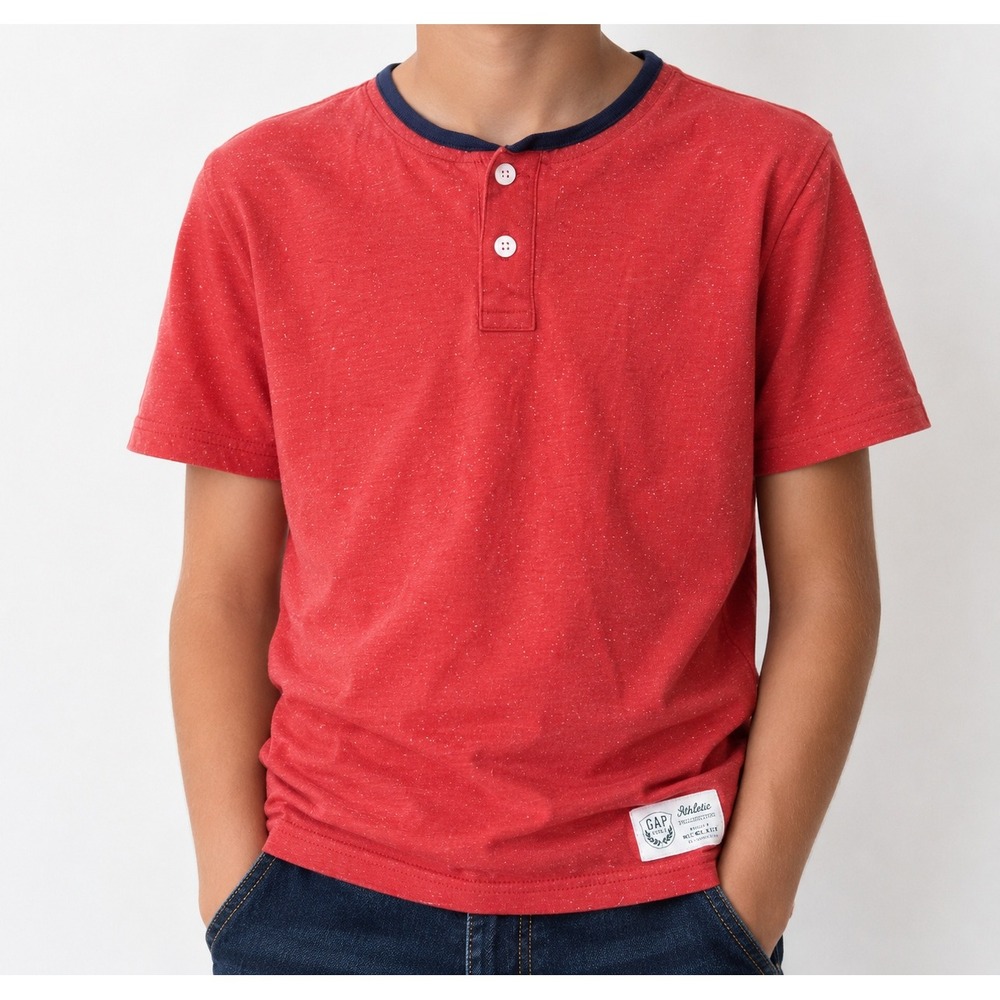 Gap Kids Boys XL Orang Marled Short Sleeve Henley Shirt Athletic Tradition Patch